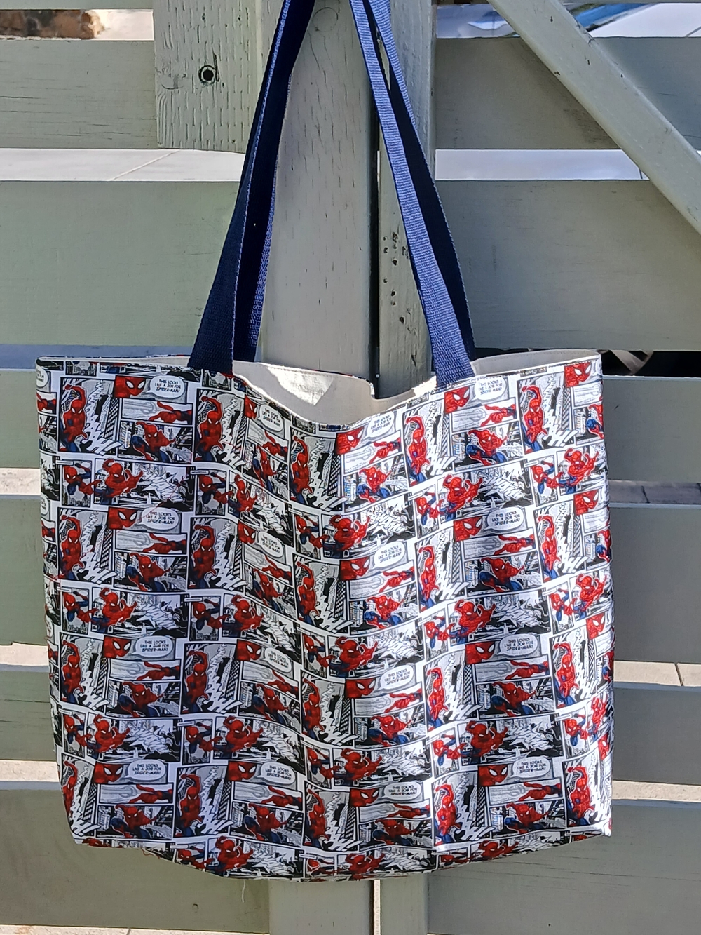 Comic-Strip Tote Bag with Navy Straps - Spider Motif